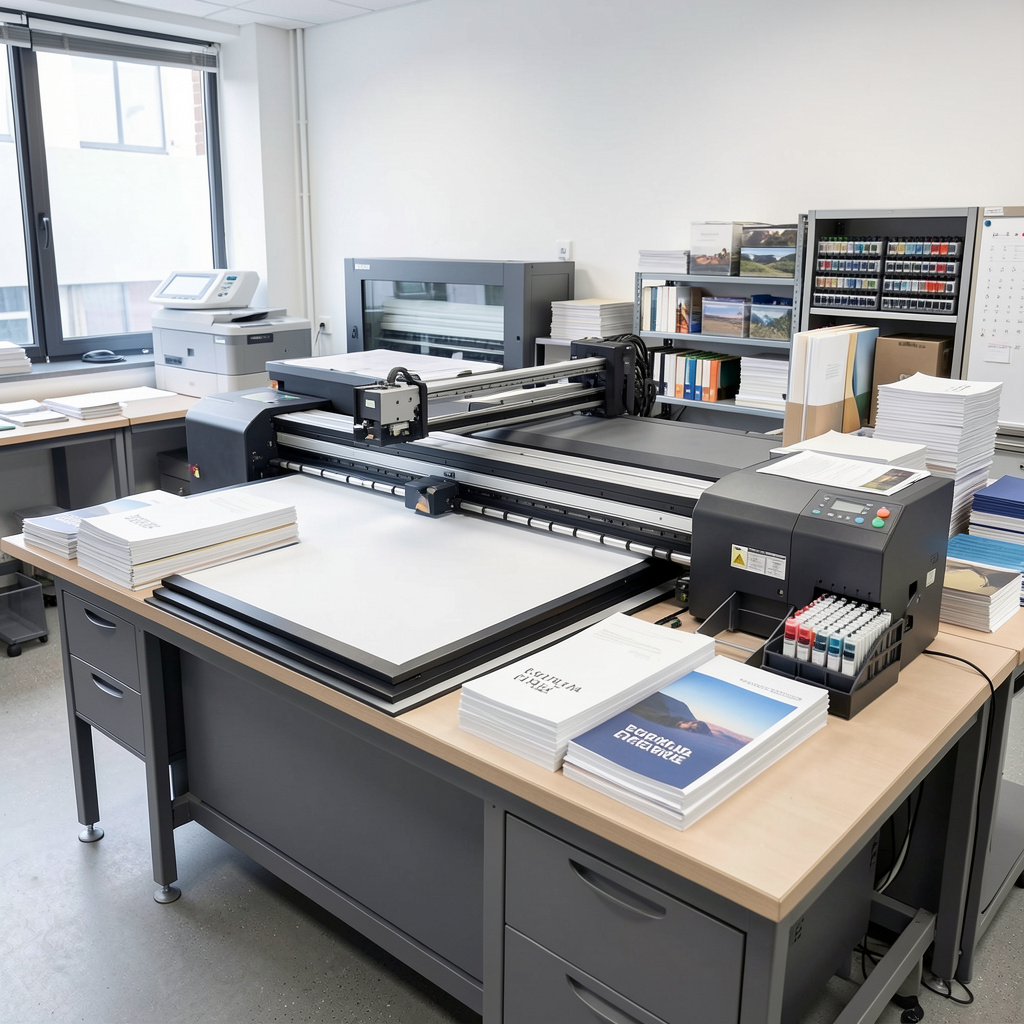 Modern printing workspace with professional equipment and materials